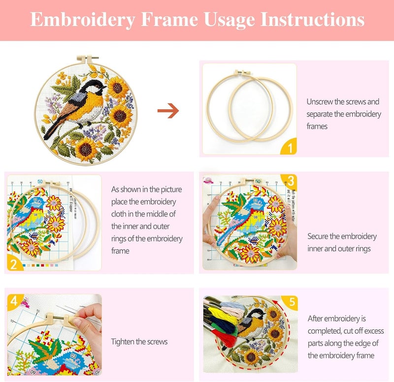 Zhenqing Book Lover's Cross Stitch Kit - 4-Piece Set with Pre-Printed 11CT 24x24cm Fabric, Hoop & Tools, Reading & Flower Themes for Beginners(70411) - Image 5